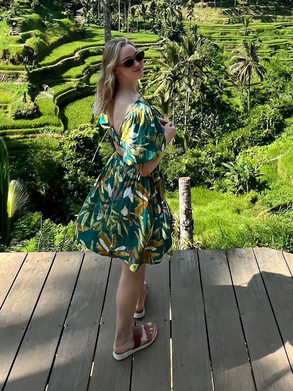 Green Tropical Leaf Mini Dress With Puff Sleeves